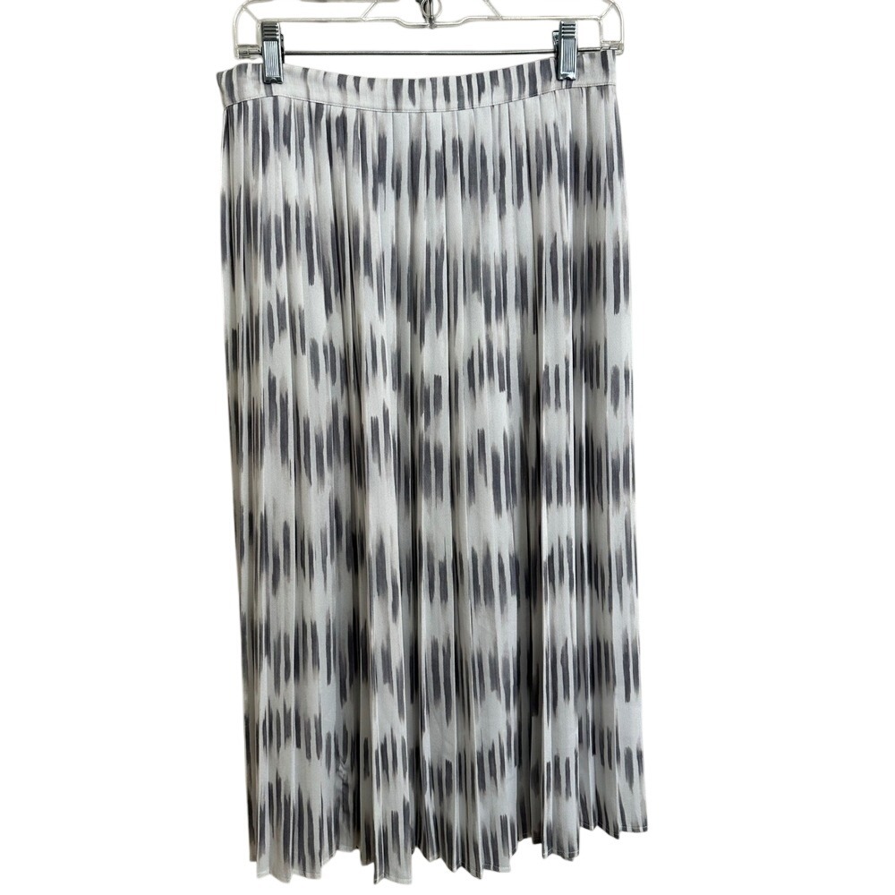 Brochu Walker Ikat Stripe Pleated Midi Skirt Grey White Medium Quiet Luxury